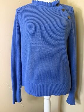 LOFT Cornflower Blue Ruffled Mock Neck Button-Shoulder Sweater